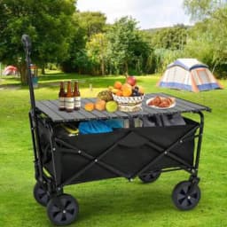 Garden Cart Folding Wagon Collapsible Heavy Duty Utility Cart with Foldable Table Board and Cup Holder 4 Universal Swivel Wheels Adjustable Handle 150 LB Load Capacity for Camping Picnic Beach Outdoor Events Gardening Hauling Shopping Storage Travel