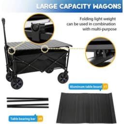 Garden Cart Folding Wagon Collapsible Heavy Duty Utility Cart with Foldable Table Board and Cup Holder 4 Universal Swivel Wheels Adjustable Handle 150 LB Load Capacity for Camping Picnic Beach Outdoor Events Gardening Hauling Shopping Storage Travel