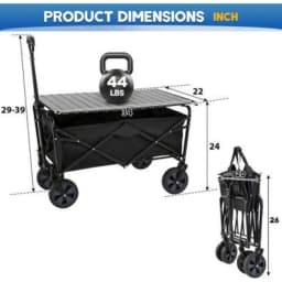 Garden Cart Folding Wagon Collapsible Heavy Duty Utility Cart with Foldable Table Board and Cup Holder 4 Universal Swivel Wheels Adjustable Handle 150 LB Load Capacity for Camping Picnic Beach Outdoor Events Gardening Hauling Shopping Storage Travel