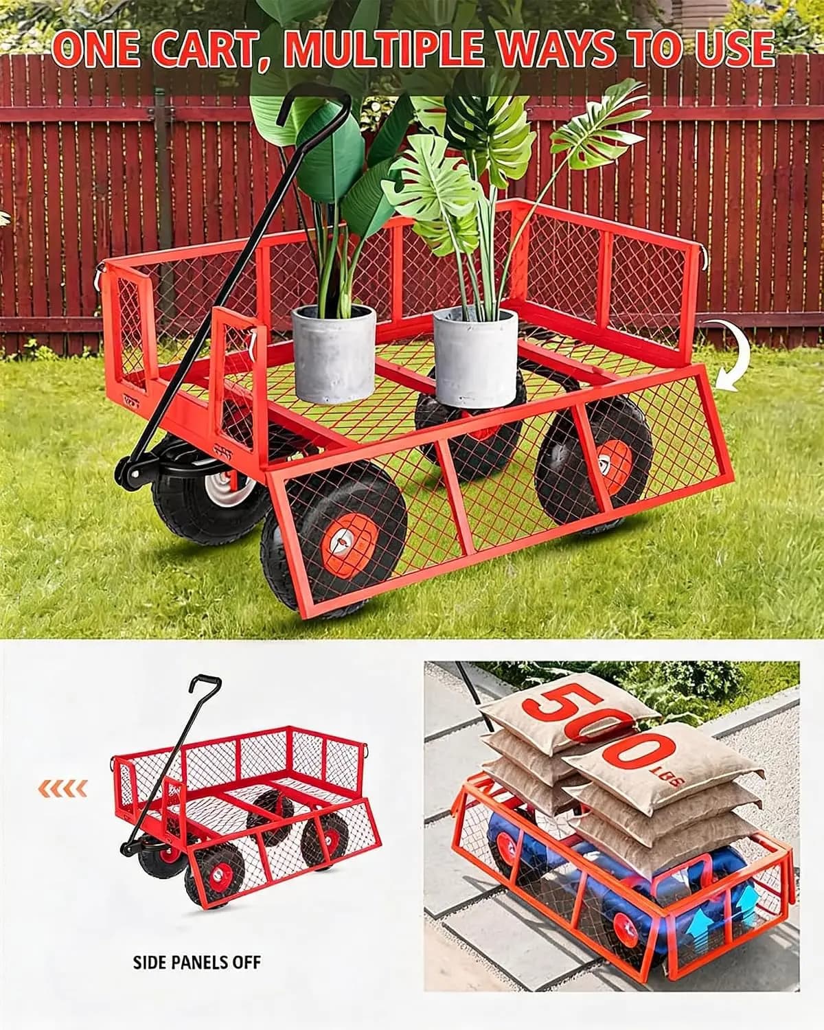 Heavy Duty Steel Garden Wagon Cart 500 LBS Capacity 2-in-1 Handle with Removable Sides, 180° Flexible Handle, 10" Tires for Yard, Lawn, Garden, farms, warehouses