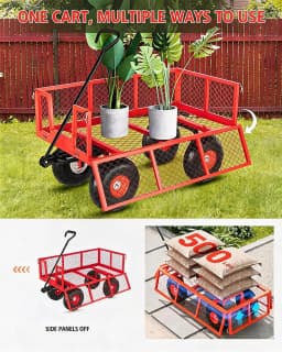 Heavy Duty Steel Garden Wagon Cart 500 LBS Capacity 2-in-1 Handle with Removable Sides, 180° Flexible Handle, 10" Tires for Yard, Lawn, Garden, farms, warehouses