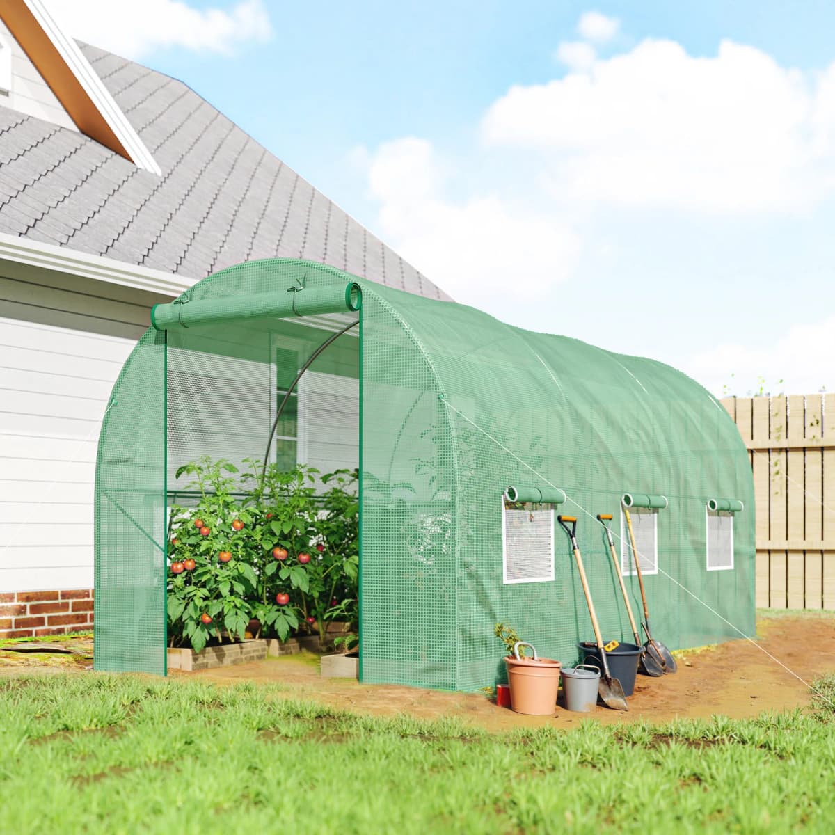 Walk-In Tunnel Greenhouse with Roll-Up Front Door and Six-Sided Windows