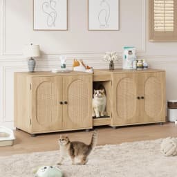 Garvee Multi-Functional Hidden Cat Litter Box Enclosure Furniture for 2 Cats, Rattan Doors, Storage End Table/TV Stand for Indoor Living Room or Bedroom 