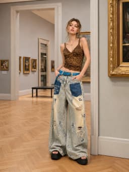 Womens High Waist Baggy Wide Leg Jeans, Retro Washed Patchwork Ripped Paint‑Splatter Distressed Denim Pants Y2K Grunge Streetwear Going‑Out Trousers