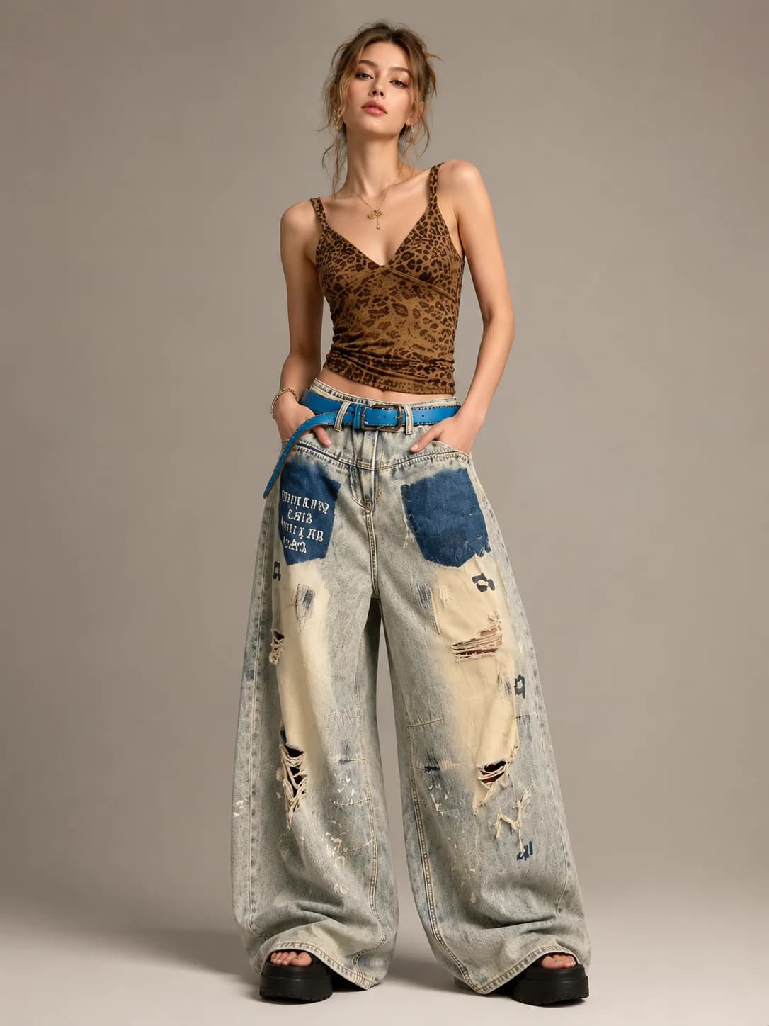 Womens High Waist Baggy Wide Leg Jeans, Retro Washed Patchwork Ripped Paint‑Splatter Distressed Denim Pants Y2K Grunge Streetwear Going‑Out Trousers