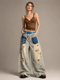 Womens High Waist Baggy Wide Leg Jeans, Retro Washed Patchwork Ripped Paint‑Splatter Distressed Denim Pants Y2K Grunge Streetwear Going‑Out Trousers