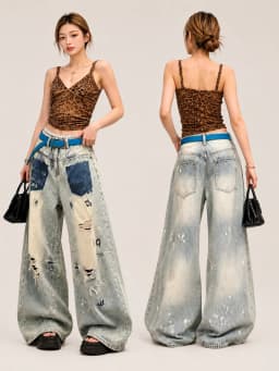 Womens High Waist Baggy Wide Leg Jeans, Retro Washed Patchwork Ripped Paint‑Splatter Distressed Denim Pants Y2K Grunge Streetwear Going‑Out Trousers