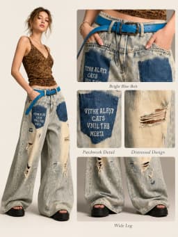 Womens High Waist Baggy Wide Leg Jeans, Retro Washed Patchwork Ripped Paint‑Splatter Distressed Denim Pants Y2K Grunge Streetwear Going‑Out Trousers