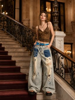 Womens High Waist Baggy Wide Leg Jeans, Retro Washed Patchwork Ripped Paint‑Splatter Distressed Denim Pants Y2K Grunge Streetwear Going‑Out Trousers