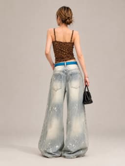 Womens High Waist Baggy Wide Leg Jeans, Retro Washed Patchwork Ripped Paint‑Splatter Distressed Denim Pants Y2K Grunge Streetwear Going‑Out Trousers