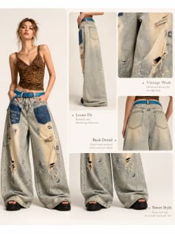 Womens High Waist Baggy Wide Leg Jeans, Retro Washed Patchwork Ripped Paint‑Splatter Distressed Denim Pants Y2K Grunge Streetwear Going‑Out Trousers