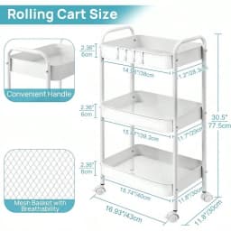 3-Tier Metal Rolling Utility Cart With Handle, Multi-Functional Storage Trolley For Office, Living Room, Kitchen, Movable Storage Organizer With 360° Wheels