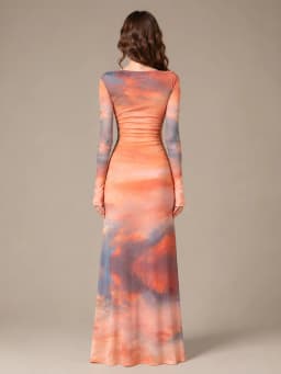 Women Mesh Maxi Dress Long Sleeve Boat Neck Ruched Bodycon Dress Sunset Tie‑Dye Print Sheer Mesh Slim Fit Evening Party Cocktail Long Dresses