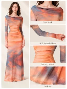Women Mesh Maxi Dress Long Sleeve Boat Neck Ruched Bodycon Dress Sunset Tie‑Dye Print Sheer Mesh Slim Fit Evening Party Cocktail Long Dresses