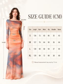 Women Mesh Maxi Dress Long Sleeve Boat Neck Ruched Bodycon Dress Sunset Tie‑Dye Print Sheer Mesh Slim Fit Evening Party Cocktail Long Dresses