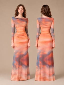 Women Mesh Maxi Dress Long Sleeve Boat Neck Ruched Bodycon Dress Sunset Tie‑Dye Print Sheer Mesh Slim Fit Evening Party Cocktail Long Dresses