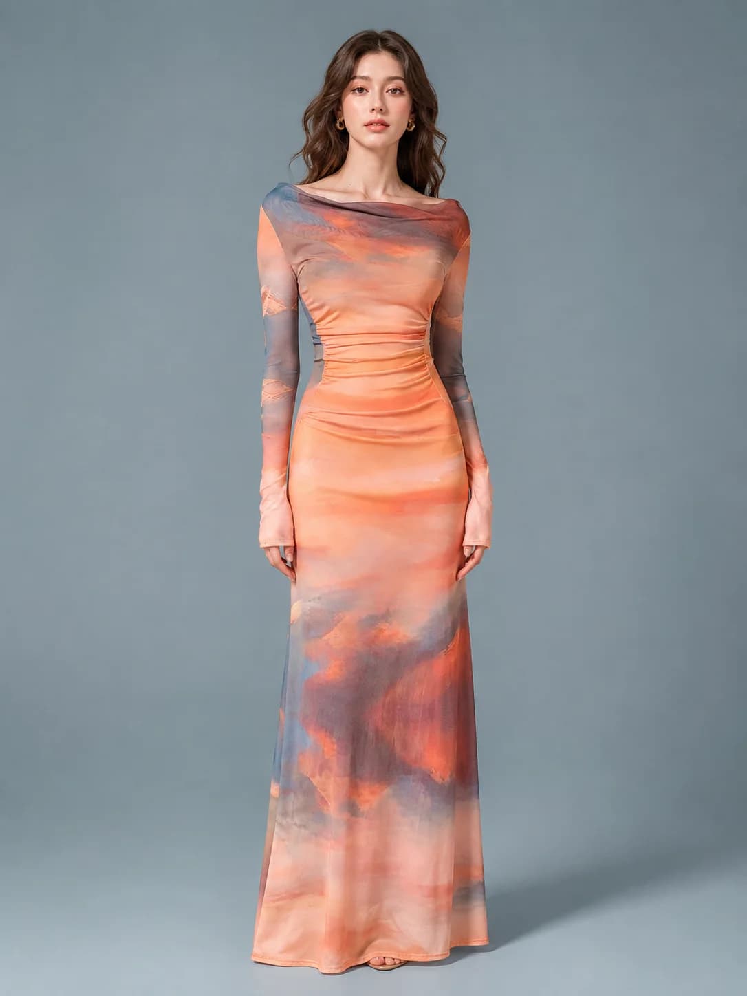 Women Mesh Maxi Dress Long Sleeve Boat Neck Ruched Bodycon Dress Sunset Tie‑Dye Print Sheer Mesh Slim Fit Evening Party Cocktail Long Dresses