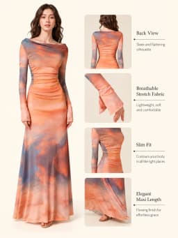 Women Mesh Maxi Dress Long Sleeve Boat Neck Ruched Bodycon Dress Sunset Tie‑Dye Print Sheer Mesh Slim Fit Evening Party Cocktail Long Dresses