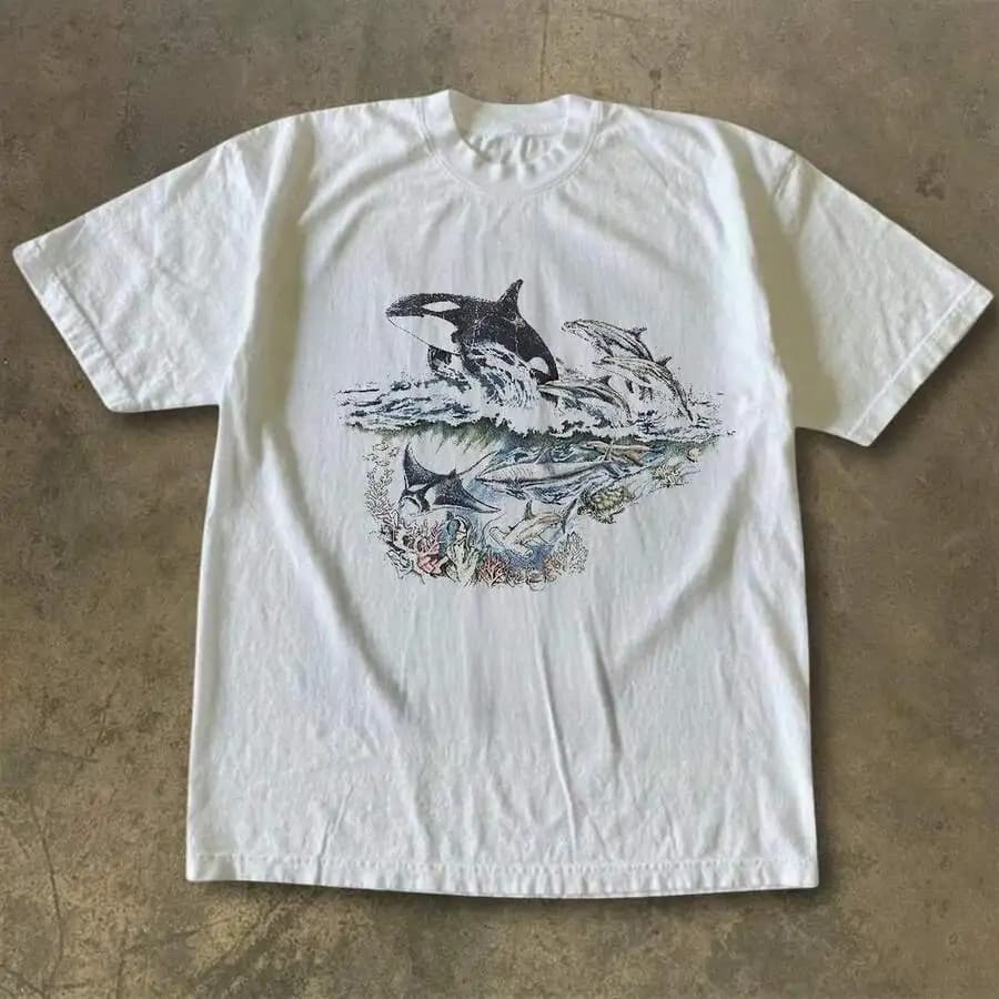 Unisex Beach Ocean‑Lovers Casual Tops 1Pc Crew Neck Short‑Sleeve White Vintage Retro Underwater Sea Creature Orca Dolphin Manta Ray Graphic Print Tees