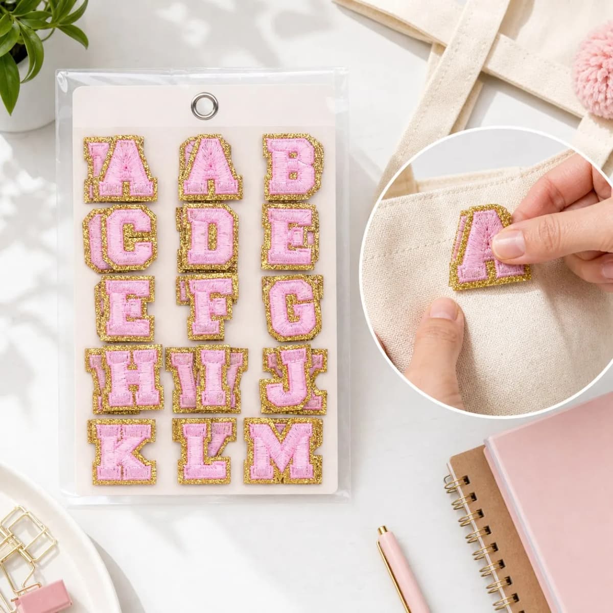 30pc Pink and Gold Adhesive Alphabet Patches