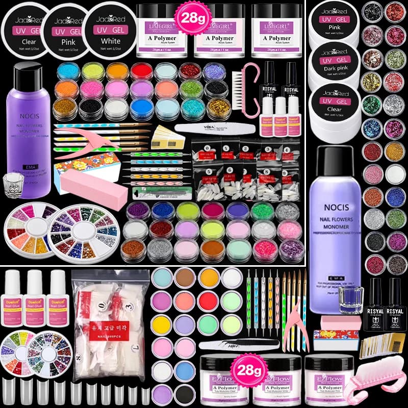 Professional Bulk Nail Art Kit with 500 Tips & 42 Glitters, Acrylic & UV Gel Salon Supplies Set with UV Lamp, Acrylic Liquid Powder, Rhinestone Wheels, Nail Tech Wholesale, Student Refill