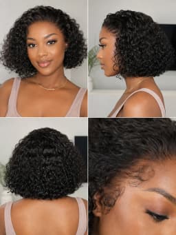 TIMOPOL 10 Inch Short Curly Bob Jerry Curly Human Hair Wig 13x4 Lace Front, #1B Natural Black Glueless Wig Pre Plucked Hairline with Baby Hair for Black Women Daily Party