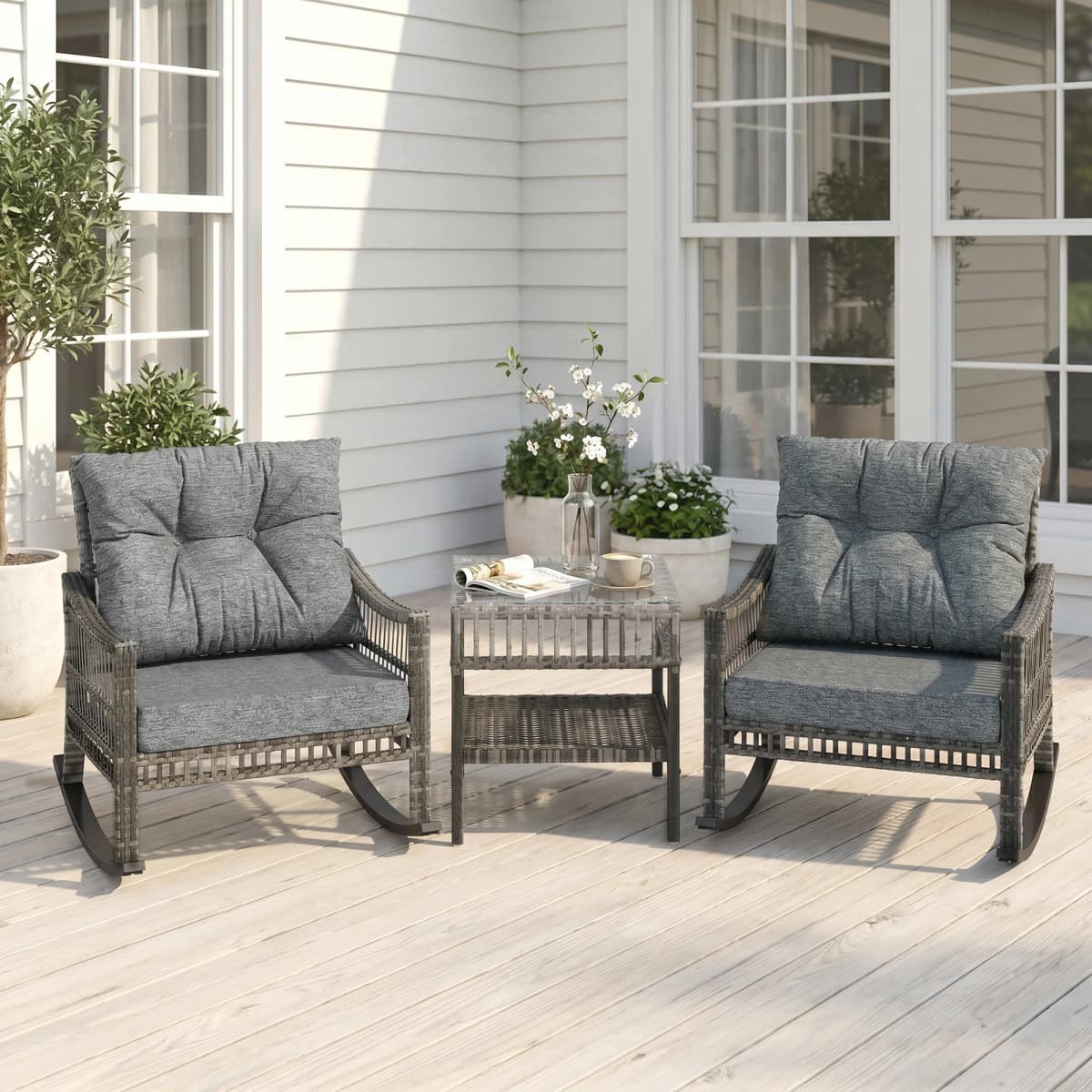 3 Pieces Pe Rattan Rocking Chair Set for Outdoor, Grey