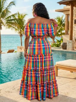 Plus Size Off Shoulder Short Crop Top + Tiered Maxi Skirt Suit For Women Daily Vacation Street Casual Matching Outfit