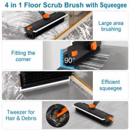 Floor Scrub Brush with Squeegee, Long Handle Tile Scrub Brush, Bathroom Floor Cleaning Brush, Grout Corner Cleaner Tool with Tweezer