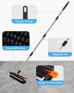 Floor Scrub Brush with Squeegee, Long Handle Tile Scrub Brush, Bathroom Floor Cleaning Brush, Grout Corner Cleaner Tool with Tweezer