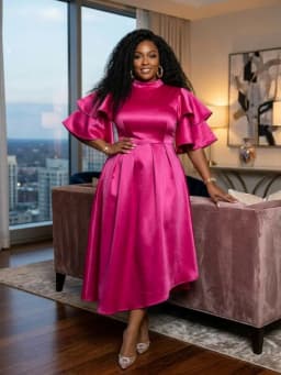 Plus Size High Neck Layered Ruffle Sleeve Pleated Midi Dress For Women Evening Banquet Formal Swing Long Dress