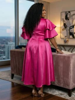 Plus Size High Neck Layered Ruffle Sleeve Pleated Midi Dress For Women Evening Banquet Formal Swing Long Dress