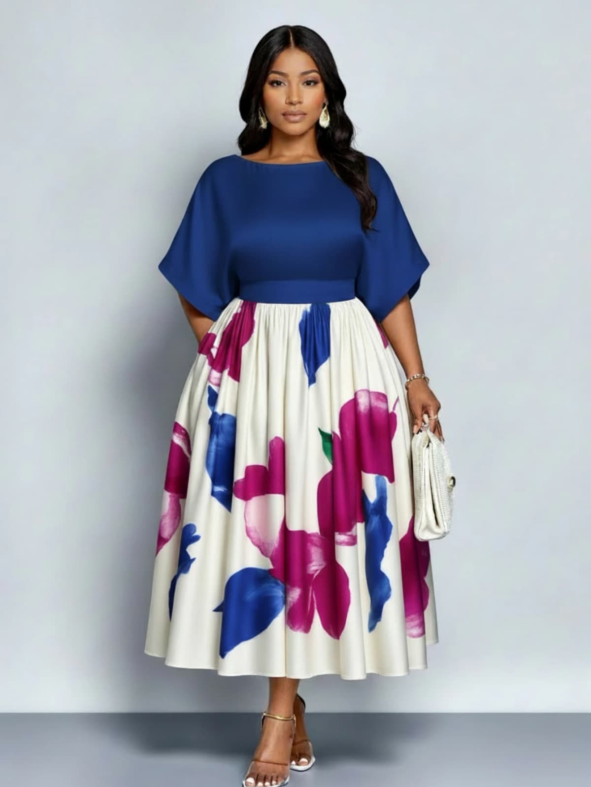 Women Plus Size Batwing Sleeve Floral Print Midi Dress Elegant Pleated Swing Dress For Evening Party Formal Occasion Slim Fit