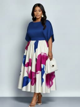Women Plus Size Batwing Sleeve Floral Print Midi Dress Elegant Pleated Swing Dress For Evening Party Formal Occasion Slim Fit