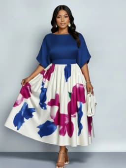 Women Plus Size Batwing Sleeve Floral Print Midi Dress Elegant Pleated Swing Dress For Evening Party Formal Occasion Slim Fit