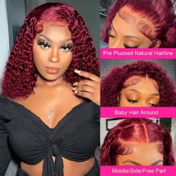 TIMOPOL 180% Density Jerry Curly Human Hair Wig, Women’s 13x4 HD Transparent Lace Frontal, Small Knots Design, Burgundy Tone Available in 99J & 4 #