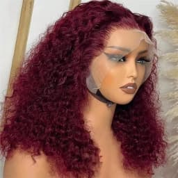 TIMOPOL 180% Density Jerry Curly Human Hair Wig, Women’s 13x4 HD Transparent Lace Frontal, Small Knots Design, Burgundy Tone Available in 99J & 4 #