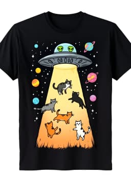 Humorous TShirt Featuring Alien Cats And Ufos Ideal for Casual Summer Wear Made from Soft Breathable Fabric It's a Great Gift for Cat Enthusiasts And SciFi Aficionados Perfect for HalloweeLightweight and Comfortable Fabric Suitable for All Seasons