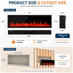 60 Inch Electric Fireplace Recessed Wall Mounted Linear Fireplace Heater with Log Crystal Inserts 12 Flame Colors Adjustable Speed Brightness 750 1500W Heats 400 Sq Ft Remote Control Touch Screen Built in Timer Low Noise for Living Room Bedroom