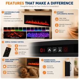 60 Inch Electric Fireplace Recessed Wall Mounted Linear Fireplace Heater with Log Crystal Inserts 12 Flame Colors Adjustable Speed Brightness 750 1500W Heats 400 Sq Ft Remote Control Touch Screen Built in Timer Low Noise for Living Room Bedroom