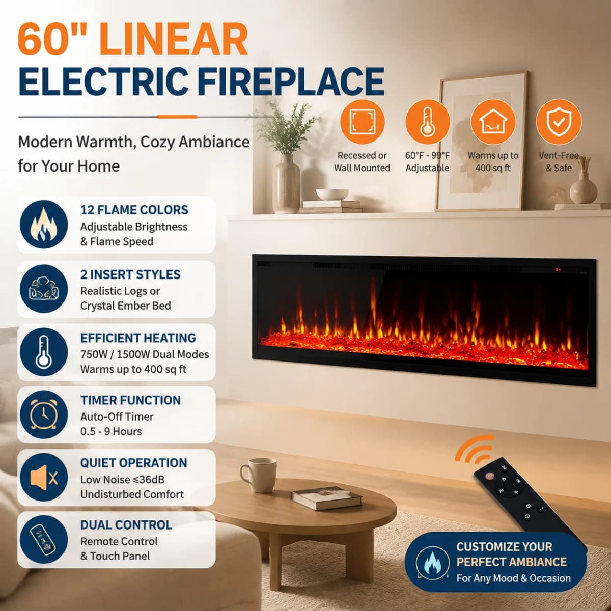 60 Inch Electric Fireplace Recessed Wall Mounted Linear Fireplace Heater with Log Crystal Inserts 12 Flame Colors Adjustable Speed Brightness 750 1500W Heats 400 Sq Ft Remote Control Touch Screen Built in Timer Low Noise for Living Room Bedroom