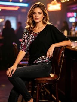Women Black Colorful Sequin Patchwork T‑Shirt Short Sleeve Batwing Loose Tops Party Evening Casual Blouse