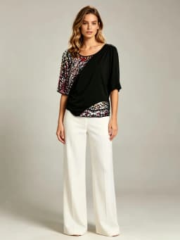 Women Black Colorful Sequin Patchwork T‑Shirt Short Sleeve Batwing Loose Tops Party Evening Casual Blouse