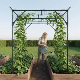 78in Metal Garden Arch Trellis With Netting For Climbing Plants, Outdoor Cucumber Tunnel Arbor For Raised Bed Backyard Walkway