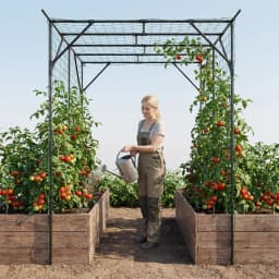 78in Metal Garden Arch Trellis With Netting For Climbing Plants, Outdoor Cucumber Tunnel Arbor For Raised Bed Backyard Walkway