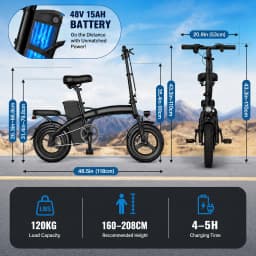 Folding Electric Bike for Adults, 500W Motor 48V 15Ah Removable Battery, 20MPH 35KM Range, 14" Fat Tire Commuter E-Bike with Dual Shock Absorbers & Disc Brakes