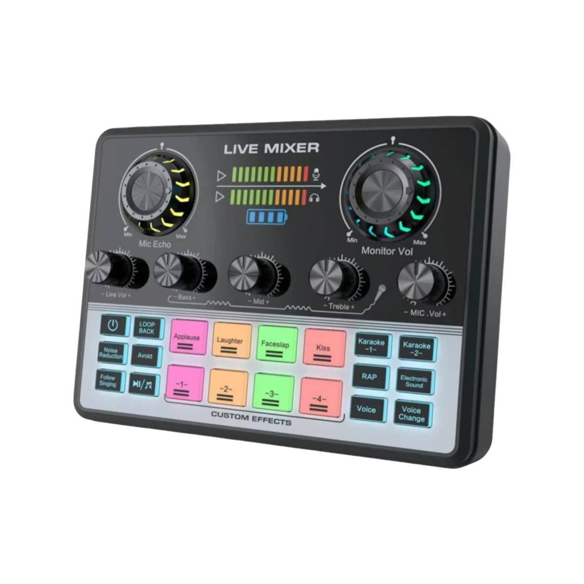 Live Streaming Sound Mixer Sound Card Rechargeable Plug and Play Adjustable Bass Treble Noise Reduction Colorful Indicator Light