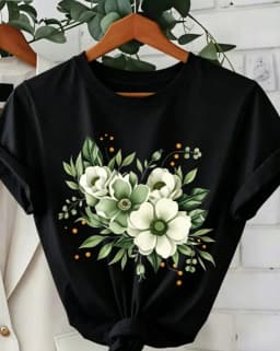 White‑Flower Green‑Leaf Floral Graphic Print Unisex Crew Neck Short‑Sleeve Pure‑Cotton Spring‑Summer Mother's‑Day Casual Everyday Wear Tee