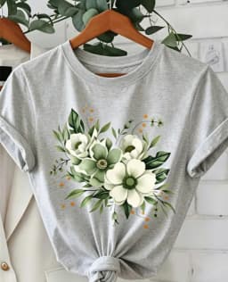 White‑Flower Green‑Leaf Floral Graphic Print Unisex Crew Neck Short‑Sleeve Pure‑Cotton Spring‑Summer Mother's‑Day Casual Everyday Wear Tee