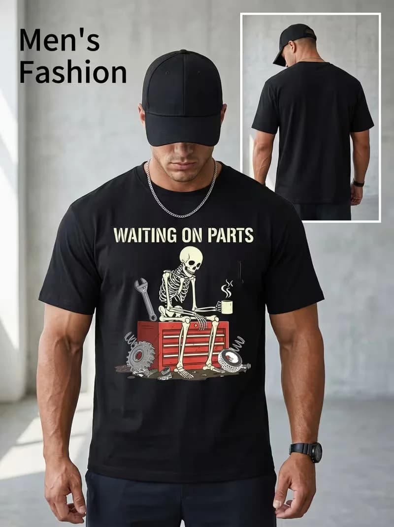 Waiting On Parts Funny Skeleton Mechanic Graphic T‑Shirt, Auto Repair Humor Car Guy Short Sleeve Tee for Men Women